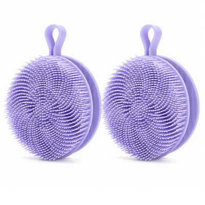 2 Pcs Blue Double-Sided Silicone Body Scrubber - Dual-Texture Bath Brush for Exfoliating, Lathering & Scalp Massage, Anti-slip strip & Hanging Loop