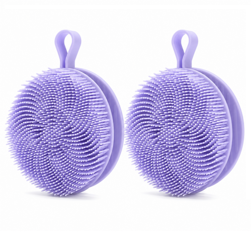 2 Pcs Blue Double-Sided Silicone Body Scrubber - Dual-Texture Bath Brush for Exfoliating, Lathering & Scalp Massage, Anti-slip strip & Hanging Loop