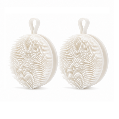 2 Pcs White Double-Sided Silicone Body Scrubber - Dual-Texture Bath Brush for Exfoliating, Lathering & Scalp Massage, Anti-slip strip & Hanging Loop
