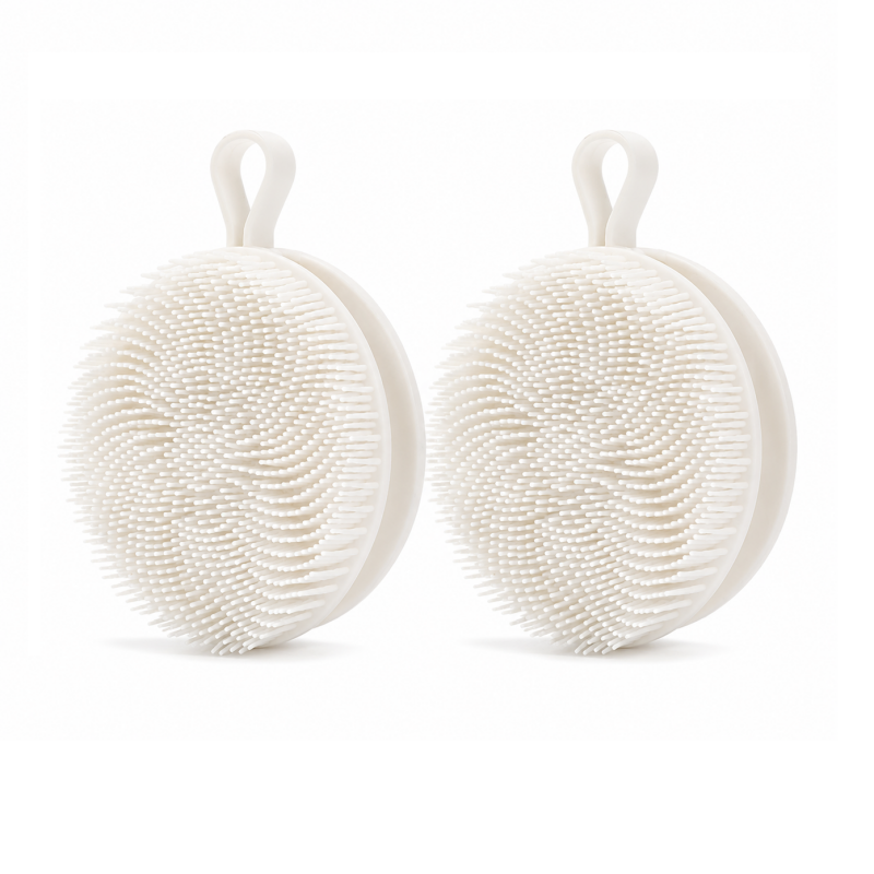 2 Pcs White Double-Sided Silicone Body Scrubber - Dual-Texture Bath Brush for Exfoliating, Lathering & Scalp Massage, Anti-slip strip & Hanging Loop