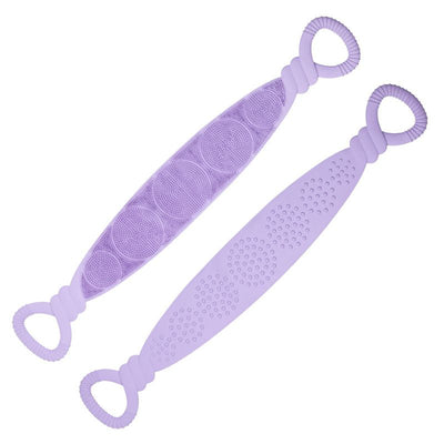 Purple 90cm Silicone Back Scrubber Long Exfoliating Bath Strap - Double Sided Massage Texture, Non Slip Grip Handles, Deep Cleansing Shower Tool for Home Spa