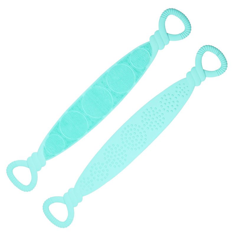 Green 90cm Silicone Back Scrubber Long Exfoliating Bath Strap - Double Sided Massage Texture, Non Slip Grip Handles, Deep Cleansing Shower Tool for Home Spa