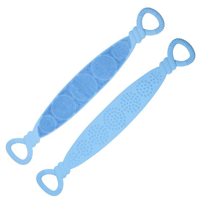 Blue 90cm Silicone Back Scrubber Long Exfoliating Bath Strap - Double Sided Massage Texture, Non Slip Grip Handles, Deep Cleansing Shower Tool for Home Spa