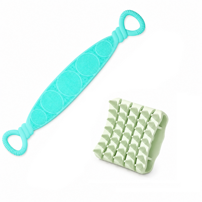 Green Personal Care Set - Silicone Scalp Massager Shampoo Brush and Long Exfoliating Back Scrubber Strap - Deep Cleansing, Gentle Massage, Non Slip Grip, Home Spa Essentials