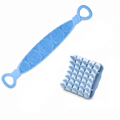 Blue Personal Care Set - Silicone Scalp Massager Shampoo Brush and Long Exfoliating Back Scrubber Strap - Deep Cleansing, Gentle Massage, Non Slip Grip, Home Spa Essentials