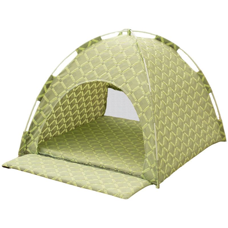 Green 48x42x40cm Summer Pet Cooling Tent Bed - Semi Enclosed Cat Dog House with Waterproof Oxford Fabric, Breathable Mesh, Fiberglass Frame, Non Slip Base