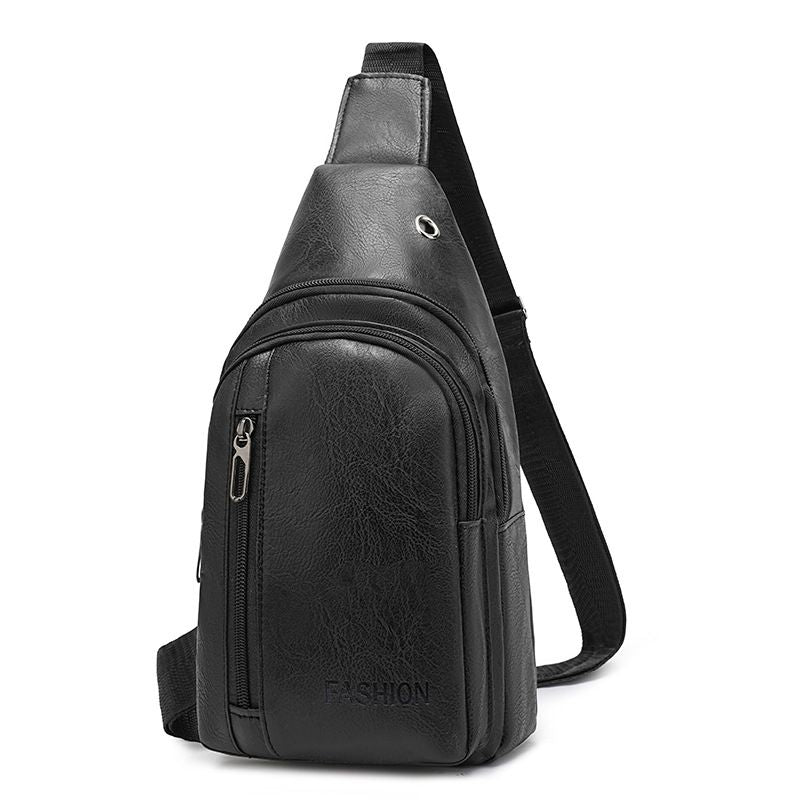 Black Men's PU Leather Chest Bag - Water Resistant Crossbody Sling Bag - Multi Pocket Storage, Adjustable Strap, Lightweight Travel & Daily Commute