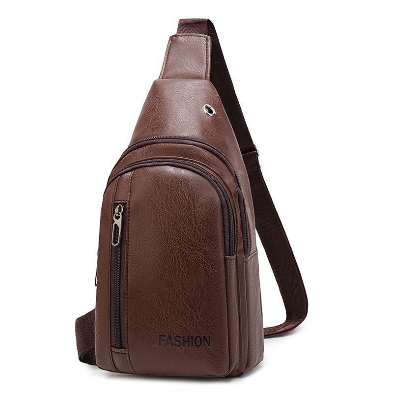 Brown Men's PU Leather Chest Bag - Water Resistant Crossbody Sling Bag - Multi Pocket Storage, Adjustable Strap, Lightweight Travel & Daily Commute