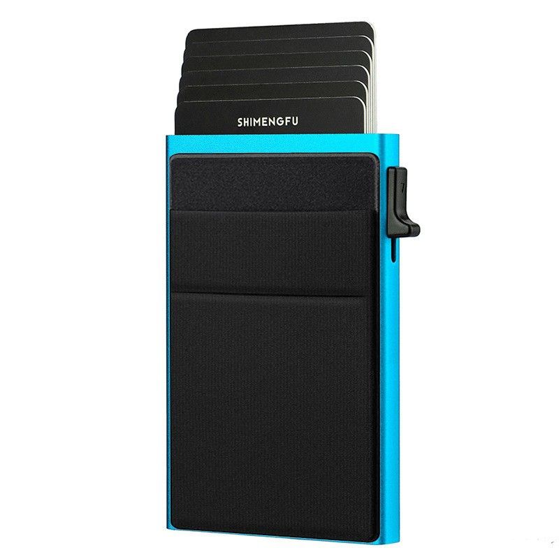 Blue RFID Blocking Aluminum Wallet - Slim Pop Up Card Holder - 10+ Card Capacity, Cash Pocket, Lightweight Front Pocket Design
