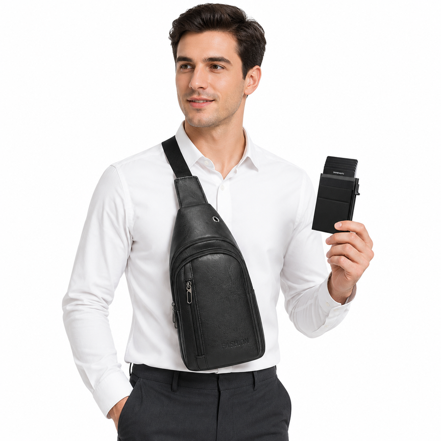Office Commuter Business Set-Black Men's PU Leather Chest Bag and Black RFID Blocking Aluminum Wallet - Waterproof Crossbody Sling Bag with Multi Pocket Storage, Slim Pop Up Card Holder, Lightweight Travel & Daily Commute Essentials