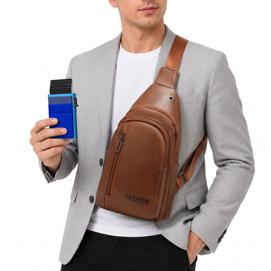 Office Commuter Business Set-Light brown Men's PU Leather Chest Bag and Blue RFID Blocking Aluminum Wallet - Waterproof Crossbody Sling Bag with Multi Pocket Storage, Slim Pop Up Card Holder, Lightweight Travel & Daily Commute Essentials