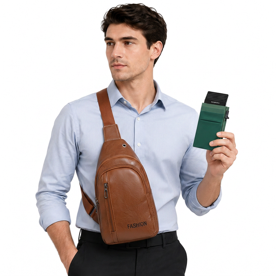 Office Commuter Business Set-Light brown Men's PU Leather Chest Bag and Green RFID Blocking Aluminum Wallet - Waterproof Crossbody Sling Bag with Multi Pocket Storage, Slim Pop Up Card Holder, Lightweight Travel & Daily Commute Essentials