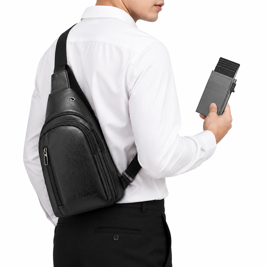 Office Commuter Business Set-Black Men's PU Leather Chest Bag and Grey RFID Blocking Aluminum Wallet - Waterproof Crossbody Sling Bag with Multi Pocket Storage, Slim Pop Up Card Holder, Lightweight Travel & Daily Commute Essentials