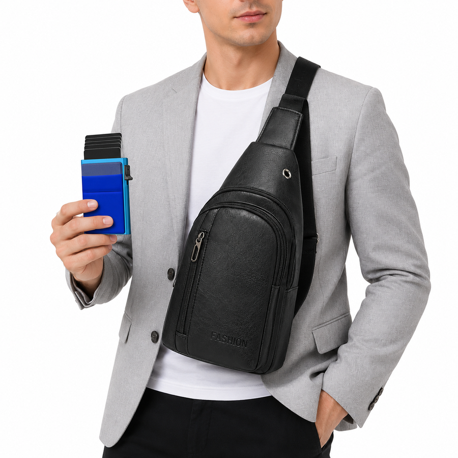 Office Commuter Business Set-Black Men's PU Leather Chest Bag and Blue RFID Blocking Aluminum Wallet - Waterproof Crossbody Sling Bag with Multi Pocket Storage, Slim Pop Up Card Holder, Lightweight Travel & Daily Commute Essentials