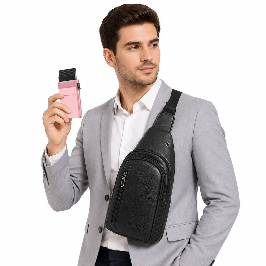 Office Commuter Business Set-Black Men's PU Leather Chest Bag and Pink RFID Blocking Aluminum Wallet - Waterproof Crossbody Sling Bag with Multi Pocket Storage, Slim Pop Up Card Holder, Lightweight Travel & Daily Commute Essentials