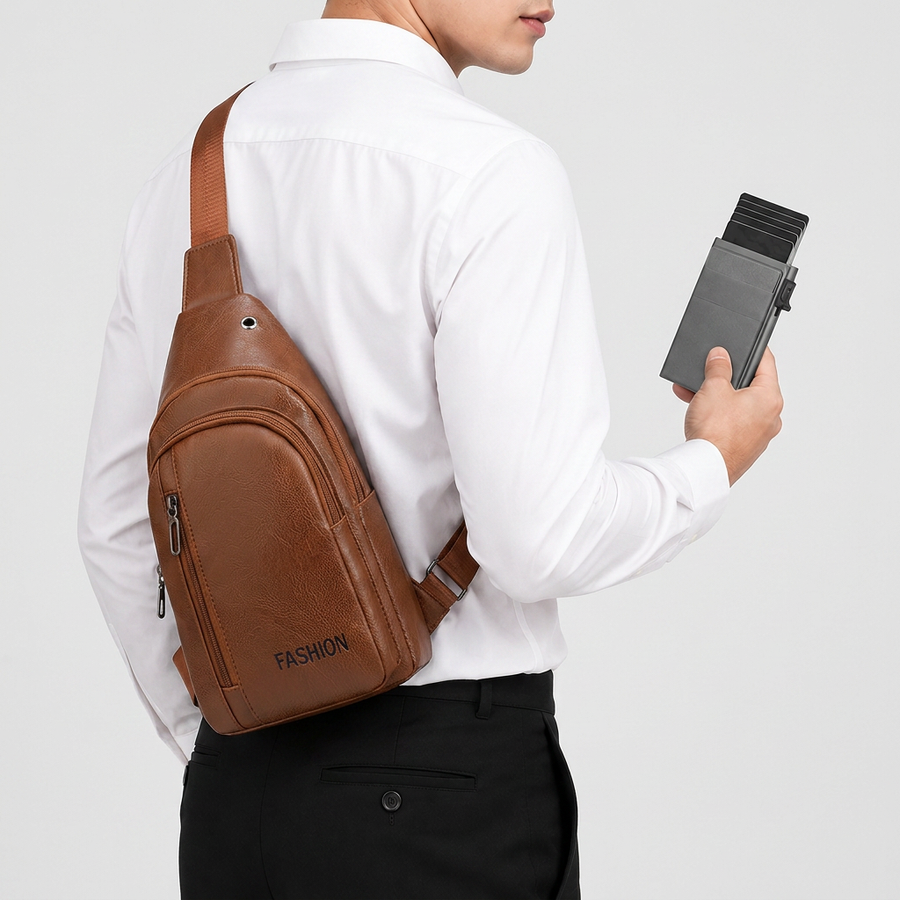 Office Commuter Business Set-Light brown Men's PU Leather Chest Bag and Grey RFID Blocking Aluminum Wallet - Waterproof Crossbody Sling Bag with Multi Pocket Storage, Slim Pop Up Card Holder, Lightweight Travel & Daily Commute Essentials