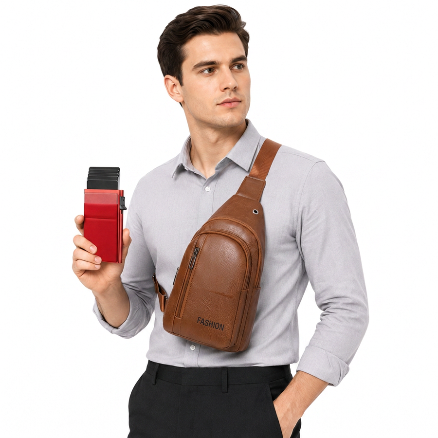 Office Commuter Business Set-Light brown Men's PU Leather Chest Bag and Red RFID Blocking Aluminum Wallet - Waterproof Crossbody Sling Bag with Multi Pocket Storage, Slim Pop Up Card Holder, Lightweight Travel & Daily Commute Essentials