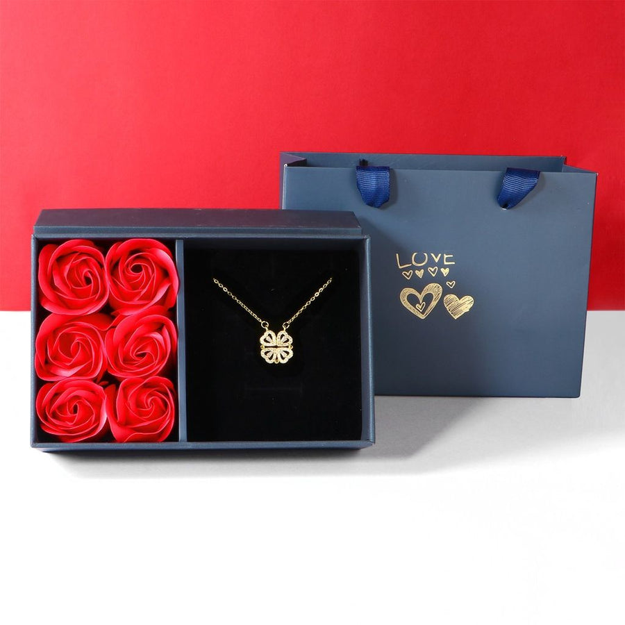 Golden Four Leaf Clover Necklace -  Plated Copper with Zirconia - Adjustable 40cm Chain, Convertible Heart Pendant, Elegant Gift for sweetheart