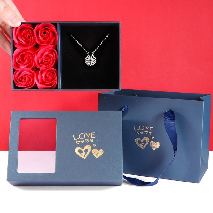 Silvery Four Leaf Clover Necklace -  Plated Copper with Zirconia - Adjustable 40cm Chain, Convertible Heart Pendant, Elegant Gift for sweetheart