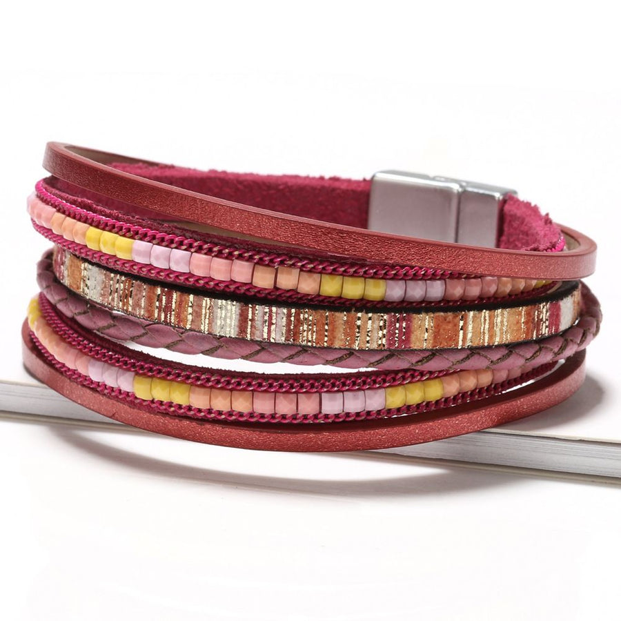 Red Bohemian Multi-Layer Leather Bracelet for Women - PU Faux Leather with Alloy Magnetic Clasp - Handwoven Cuff Bangle, Lightweight Fashion Jewelry Accessory