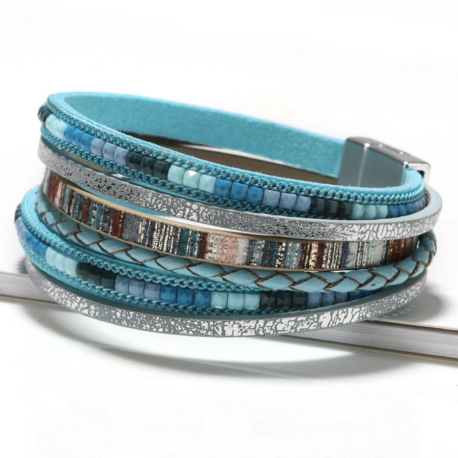 Blue Bohemian Multi-Layer Leather Bracelet for Women - PU Faux Leather with Alloy Magnetic Clasp - Handwoven Cuff Bangle, Lightweight Fashion Jewelry Accessory