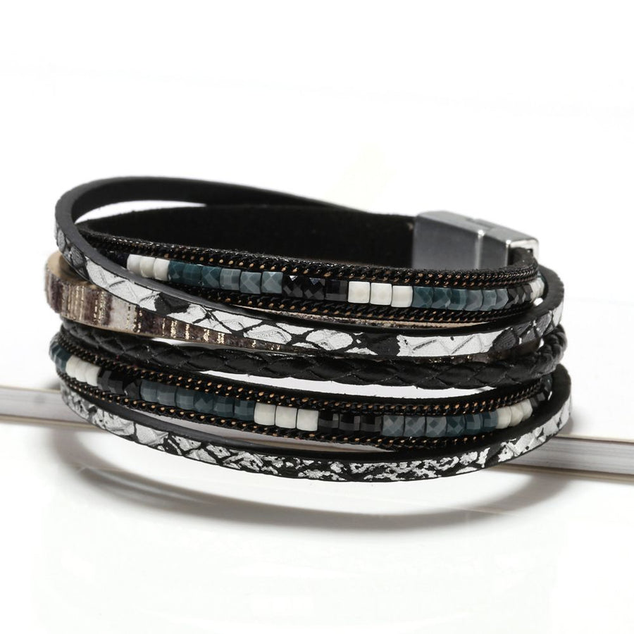 Black Bohemian Multi-Layer Leather Bracelet for Women - PU Faux Leather with Alloy Magnetic Clasp - Handwoven Cuff Bangle, Lightweight Fashion Jewelry Accessory