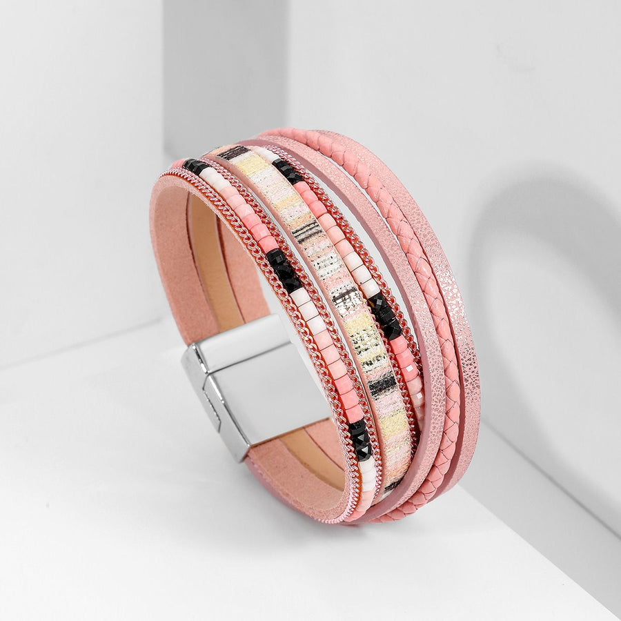 Pink Bohemian Multi-Layer Leather Bracelet for Women - PU Faux Leather with Alloy Magnetic Clasp - Handwoven Cuff Bangle, Lightweight Fashion Jewelry Accessory