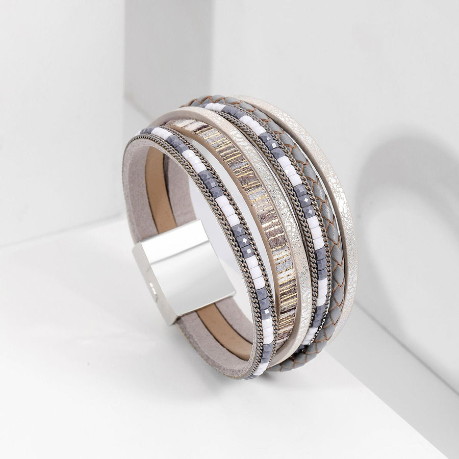 Grey Bohemian Multi-Layer Leather Bracelet for Women - PU Faux Leather with Alloy Magnetic Clasp - Handwoven Cuff Bangle, Lightweight Fashion Jewelry Accessory
