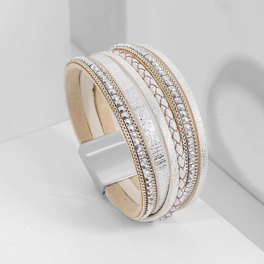 White Bohemian Multi-Layer Leather Bracelet for Women - PU Faux Leather with Alloy Magnetic Clasp - Handwoven Cuff Bangle, Lightweight Fashion Jewelry Accessory
