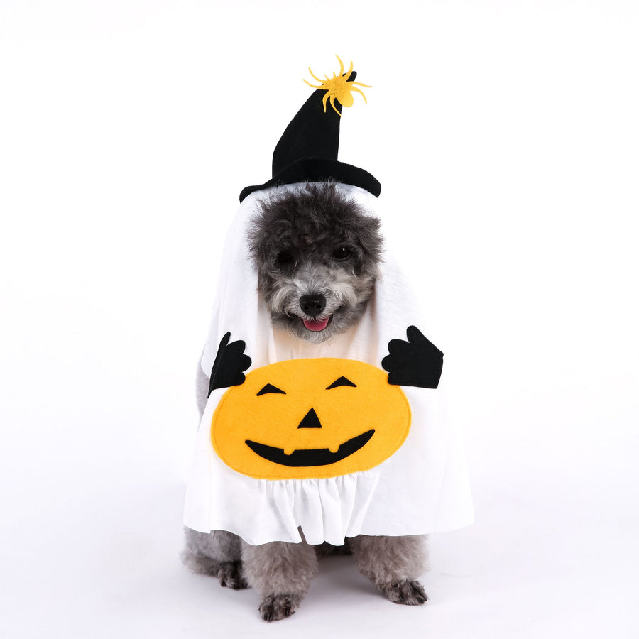 S Size Halloween Pumpkin Ghost Dog Costume - Polyester Pet Fancy Dress with Witch Hat and Spider Detail, Lightweight for Small Dogs and Cats