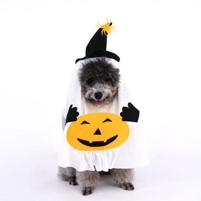 M Size Halloween Pumpkin Ghost Dog Costume - Polyester Pet Fancy Dress with Witch Hat and Spider Detail, Lightweight for Small Dogs and Cats