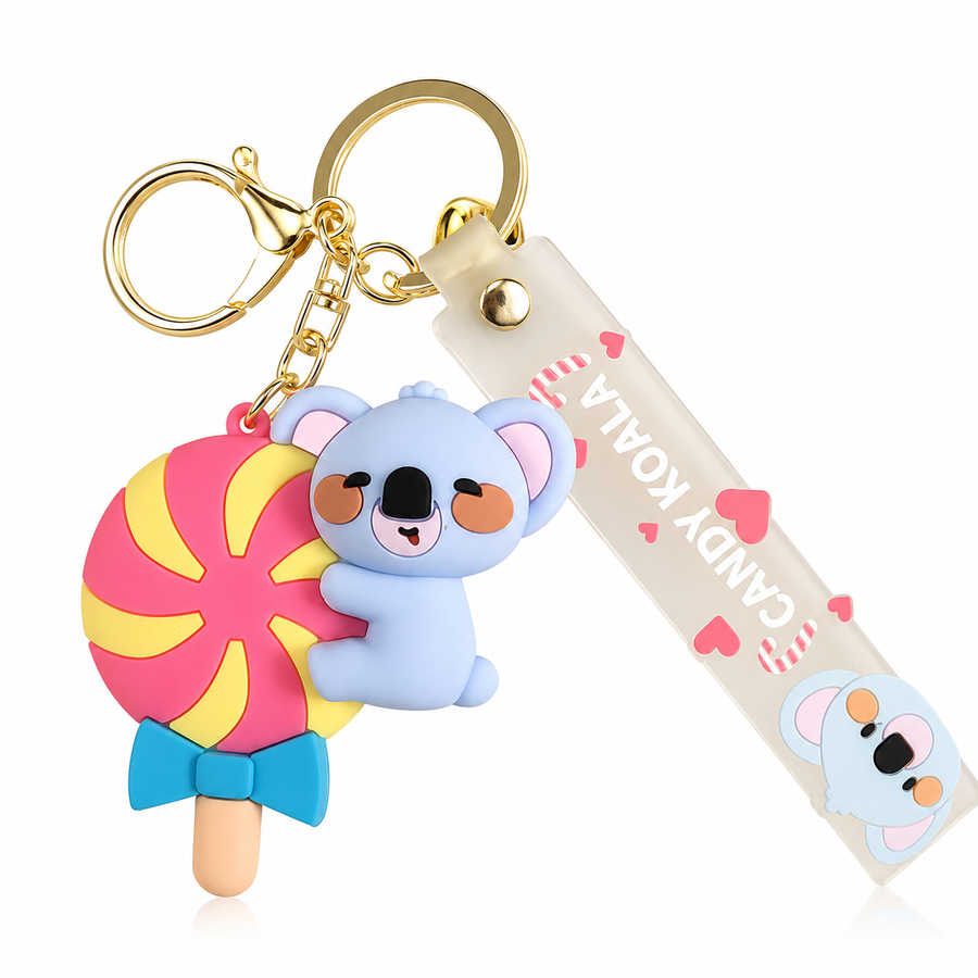 Lollipop  Koala PVC Keychain - Cute 3D Cartoon Koala Figure , Soft Rubber Bag Charm and Car Key Ring Accessory, Lightweight Collectible Gift for Kids and Teens