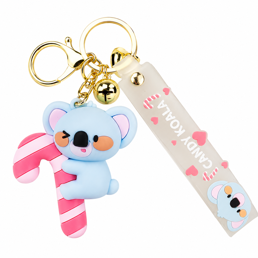 Candy Cane Koala PVC Keychain - Cute 3D Cartoon Koala Figure , Soft Rubber Bag Charm and Car Key Ring Accessory, Lightweight Collectible Gift for Kids and Teens