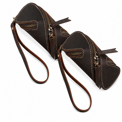 2pcs Retro Genuine Leather Key Pouch（Coffee-colored） -  12.5cm x 5cm - Dual Zipper, Wrist Strap, Belt Loop, Car and Home Key Organizer