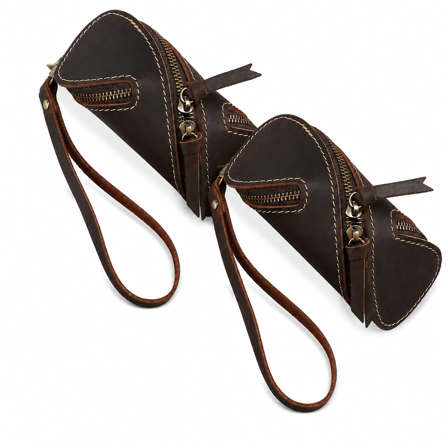 2pcs Retro Genuine Leather Key Pouch（Coffee-colored） -  12.5cm x 5cm - Dual Zipper, Wrist Strap, Belt Loop, Car and Home Key Organizer