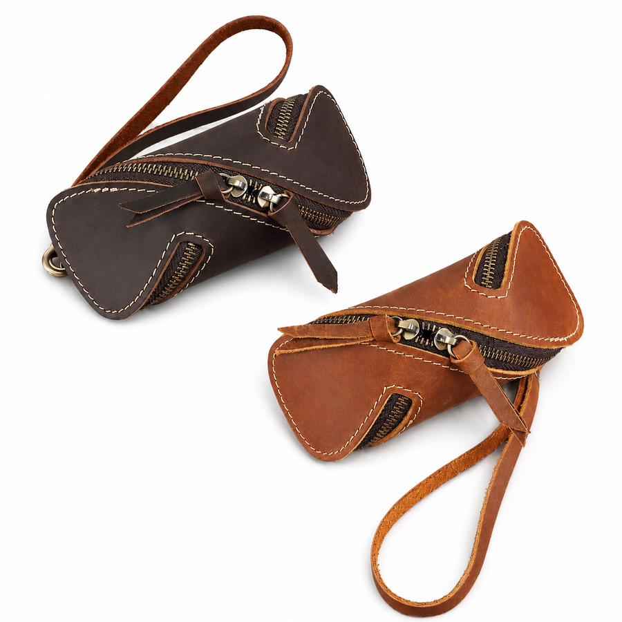 2pcs Retro Genuine Leather Key Pouch（Brown and Coffee-colored） -  12.5cm x 5cm - Dual Zipper, Wrist Strap, Belt Loop, Car and Home Key Organizer