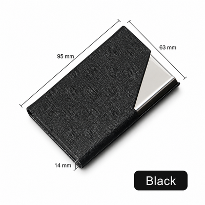 Black Stainless Steel and PU Leather Business Card Holder -  95mm x 63mm - Magnetic Flip Cover, Velvet Lining, Professional Office Accessory