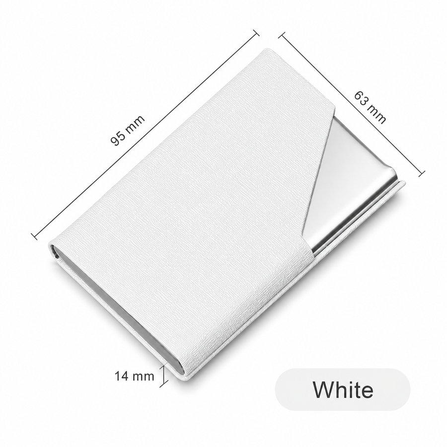 White Stainless Steel and PU Leather Business Card Holder -  95mm x 63mm - Magnetic Flip Cover, Velvet Lining, Professional Office Accessory