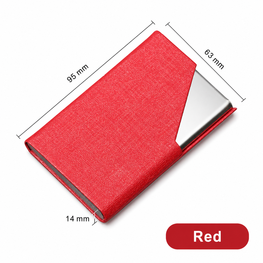 Red Stainless Steel and PU Leather Business Card Holder -  95mm x 63mm - Magnetic Flip Cover, Velvet Lining, Professional Office Accessory