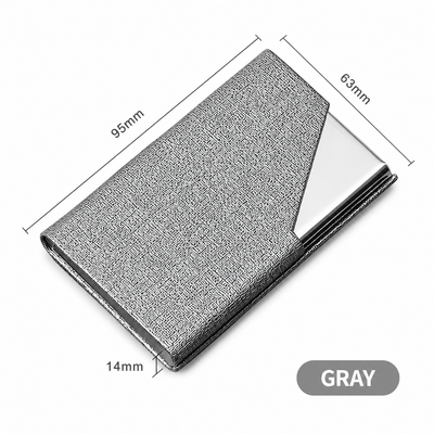 Grey Stainless Steel and PU Leather Business Card Holder -  95mm x 63mm - Magnetic Flip Cover, Velvet Lining, Professional Office Accessory