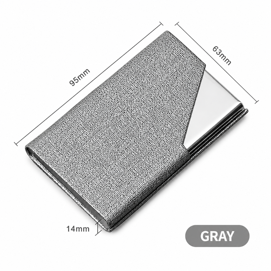 Grey Stainless Steel and PU Leather Business Card Holder -  95mm x 63mm - Magnetic Flip Cover, Velvet Lining, Professional Office Accessory