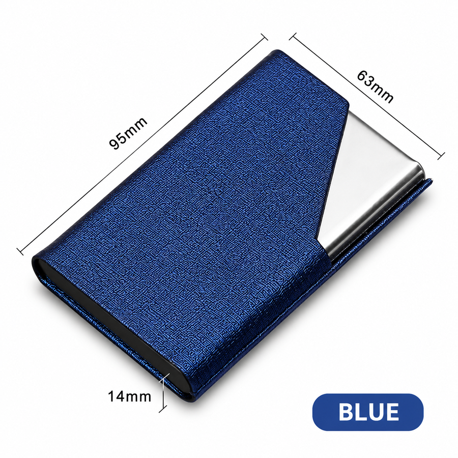 Blue Stainless Steel and PU Leather Business Card Holder -  95mm x 63mm - Magnetic Flip Cover, Velvet Lining, Professional Office Accessory