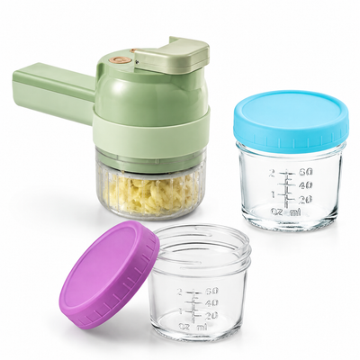 Seasoning Preparation and Storage Set-Green Electric Handheld Food Processor With Light Blue lid and Purple lid 4oz Glass  Storage Jars - USB-C Charging - Multi-Function Chopper, Slicer and Cleaning Brush Set for Garlic Vegetables