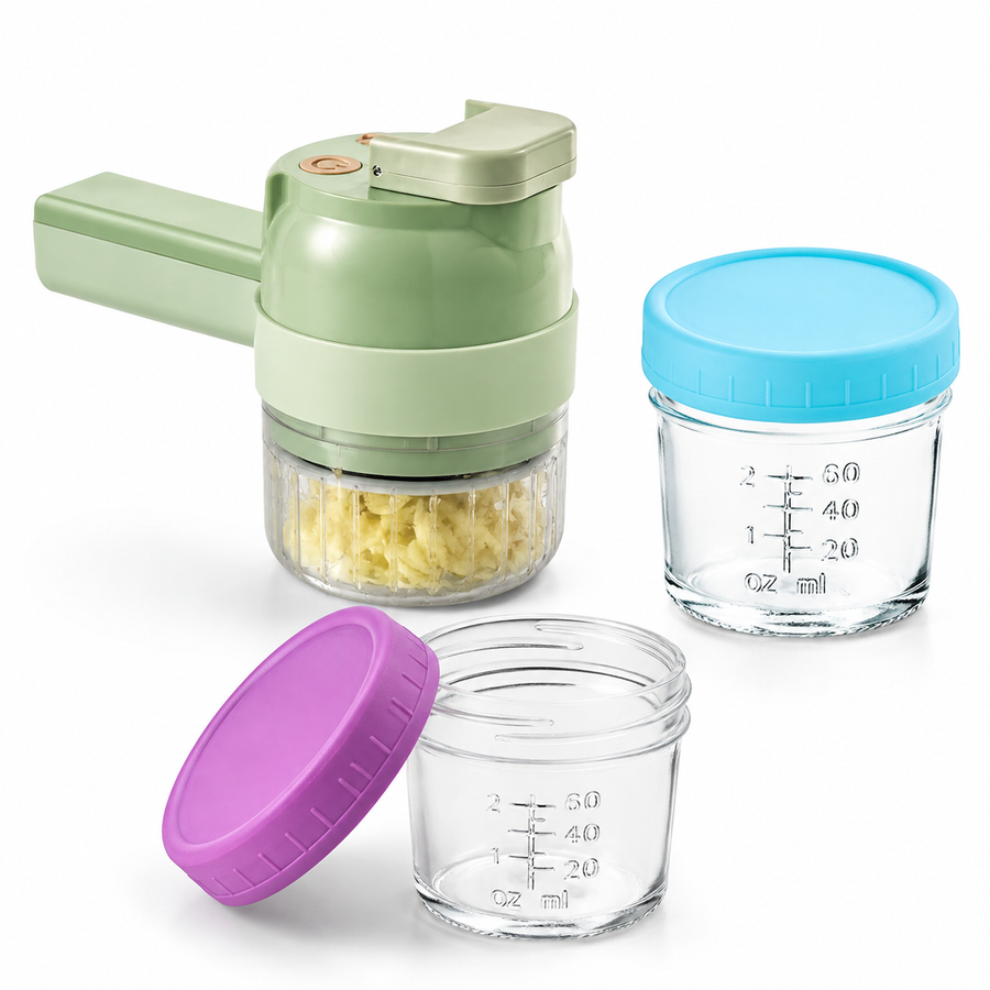 Seasoning Preparation and Storage Set-Green Electric Handheld Food Processor With Light Blue lid and Purple lid 4oz Glass  Storage Jars - USB-C Charging - Multi-Function Chopper, Slicer and Cleaning Brush Set for Garlic Vegetables