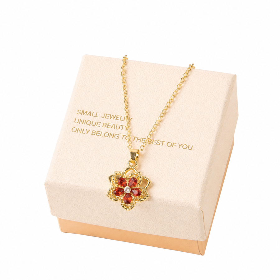 Red Rotating Bauhinia Zircon Flower Pendant Necklace - Alloy and Zircon - 15mm Pendant, 40+5cm Chain, Design for Women, Fashionable Collarbone Jewelry Gift