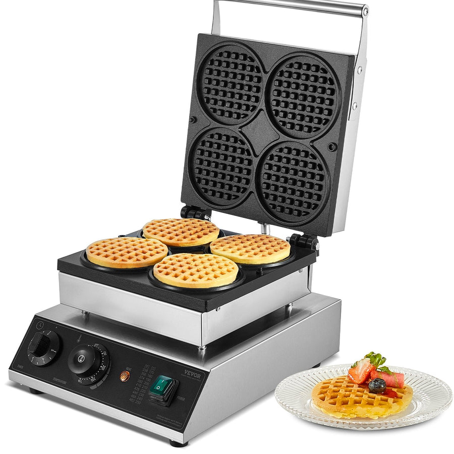 VEVOR Commercial Waffle Maker, 4PCS Round Waffle Baker Machine,1750W Non-Stick Stainless Steel Belgian Waffle Iron with Temperature and Time Control, for Restaurant Bakery Snack Bar Family-0