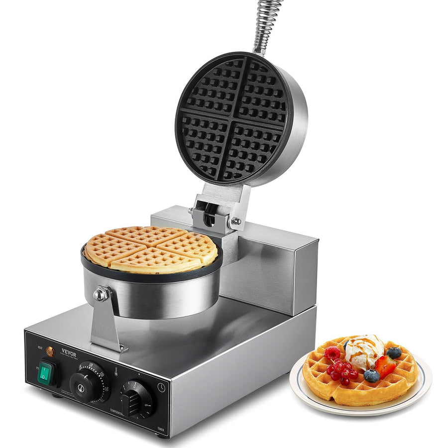 VEVOR Commercial Waffle Maker, 1230W Round Waffle Baker Machine, Non-Stick Stainless Steel Belgian Waffle Iron with Temperature and Time Control, Handle, for Restaurant Bakery Snack Bar Family-0