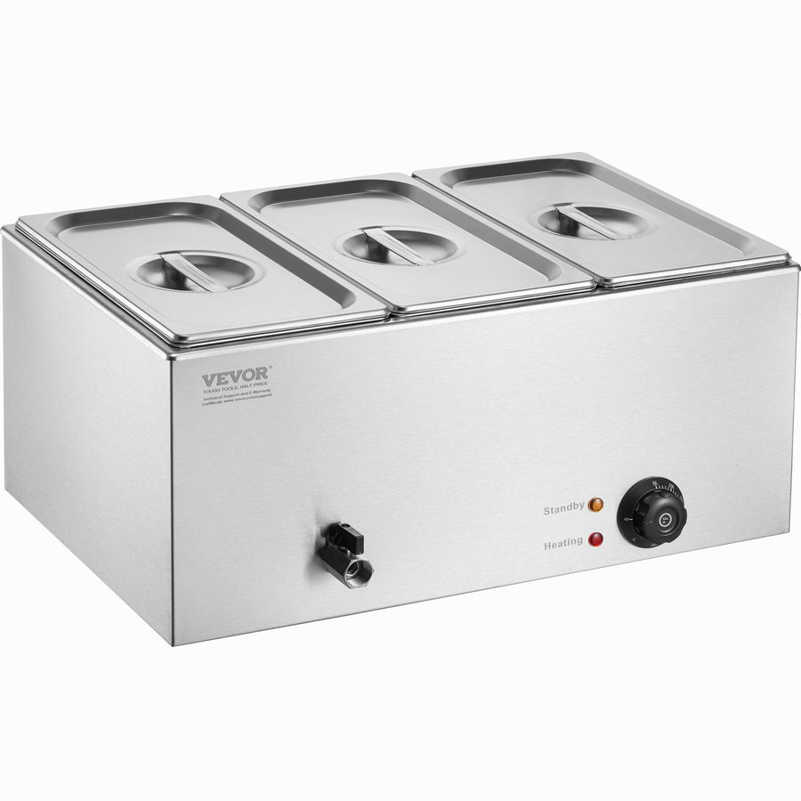 VEVOR 3-Pan Commercial Food Warmer, 16.5L Electric Steam Table, 1200W Professional Countertop Stainless Steel Buffet Bain Marie with 30 - 85℃ Temp Control for Catering and Restaurants, Silver-0