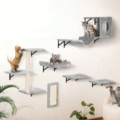 VEVOR Wall Mounted Cat Shelves, Cat Wall Shelves and Perches with Jumping Boards, Hammock, Sofa, Cat Tree & Cat Grip, Cat Furniture and Shelves up to 40 lbs for Sleeping, Playing, Climbing, Set of 6-0