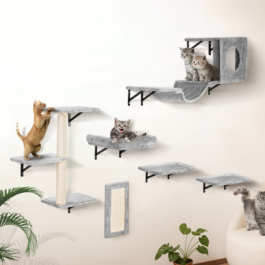 VEVOR Wall Mounted Cat Shelves, Cat Wall Shelves and Perches with Jumping Boards, Hammock, Sofa, Cat Tree & Cat Grip, Cat Furniture and Shelves up to 40 lbs for Sleeping, Playing, Climbing, Set of 6-0
